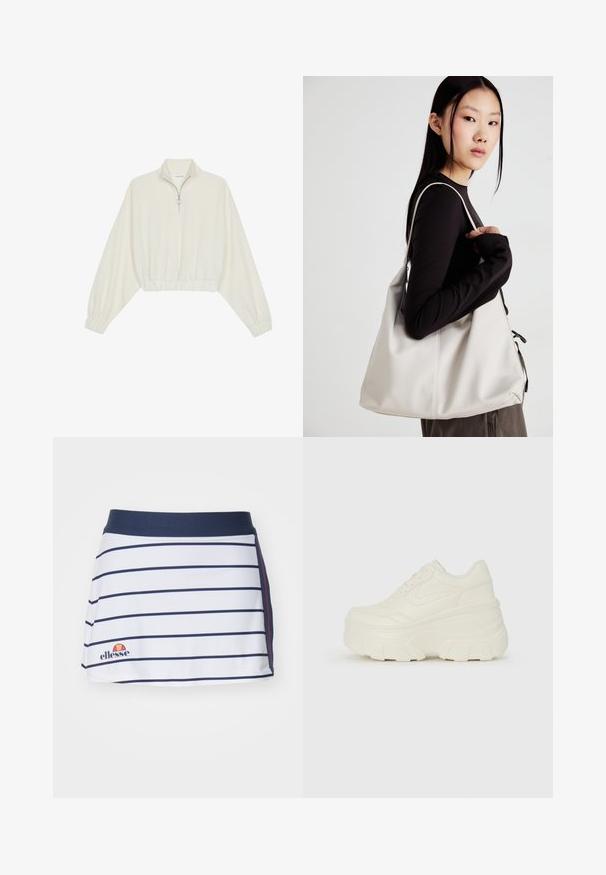 Kreemfarbenest lühikese varrukaga kudum, millel on kõrge kaelus, pool tõmblukk, elastne allosa ja varrukad, sile tekstuur ja minimaalne disain.; Valge seelik, millel on tumesinised horisontaalsed triibud, ühtlane tumesinine vöökoht ja punased aktsendid. Alumisel äärel on broderiseeritud logo.; Valged platvormi tõusukingad, millel on siledast nahast meenutav pealis, ümar kuju, pehmendatud kaelus ja tekstureeritud kummitald koos selgete hüdrofoobsete mustritega.; Bež käekott pehme materjali, millel on lõtv disain, õmblustega detailid ja kaks õlarihma. Sobib igapäevaseks kasutamiseks.