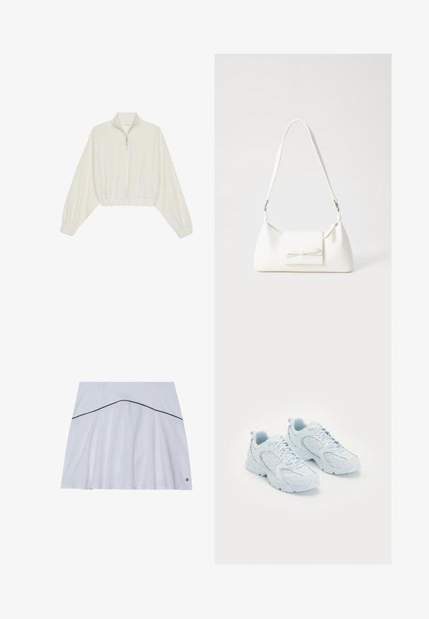 Skraćeni pulover od kremastog materijala, s visokim ovratnikom, zatvaranjem na polovicu munje, elastičnim rubom i manžetama, s glatkom teksturom i minimalnim dizajnom.; Bijela sportska suknja s raširenim rubom, s mornarsko plavom akcentnom linijom oko struka i logotipom u donjem desnom kutu.; Svijetloplave atletske cipele s gornjim dijelom od mrežaste i sintetičke tkanine, s bijelim točkicama i reflektirajućim detaljima, vezanje na vezicu i podložnim potplatima.; Bijela sintetička torbica s trokutastim oblikom, ravnim prednjim poklopcem i detaljem u obliku mašne, podesivom remenom, glatkom teksturom i minimalističkim dizajnom.
