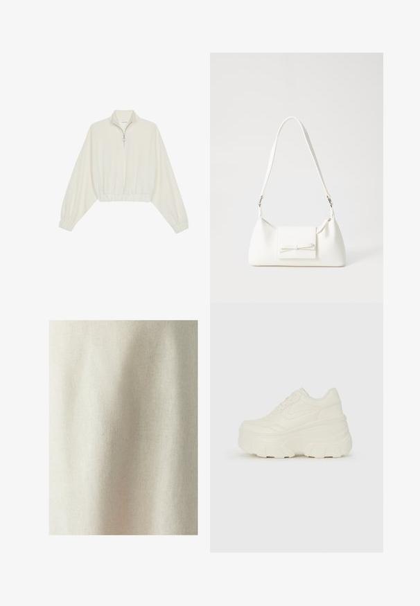 Kort striktrøje i cremefarvet stof med høj krave, halvlynlås, elastisk kant og manchetter, glat tekstur og minimalistisk design.; Lyst beige stof med en subtil tekstur og jævn vævning, der viser bløde folder og rynker, egnet til forskellige tekstilapplikationer.; Hvide platform sneakers med en glat læderlignende overdel, rund form, polstret krave og struktureret gummisål med definerede riller.; Hvid syntetisk håndtaske med en trekantet form, flad forsideklap og sløjfedetalje, justerbar strop, glat tekstur og minimalistisk design.