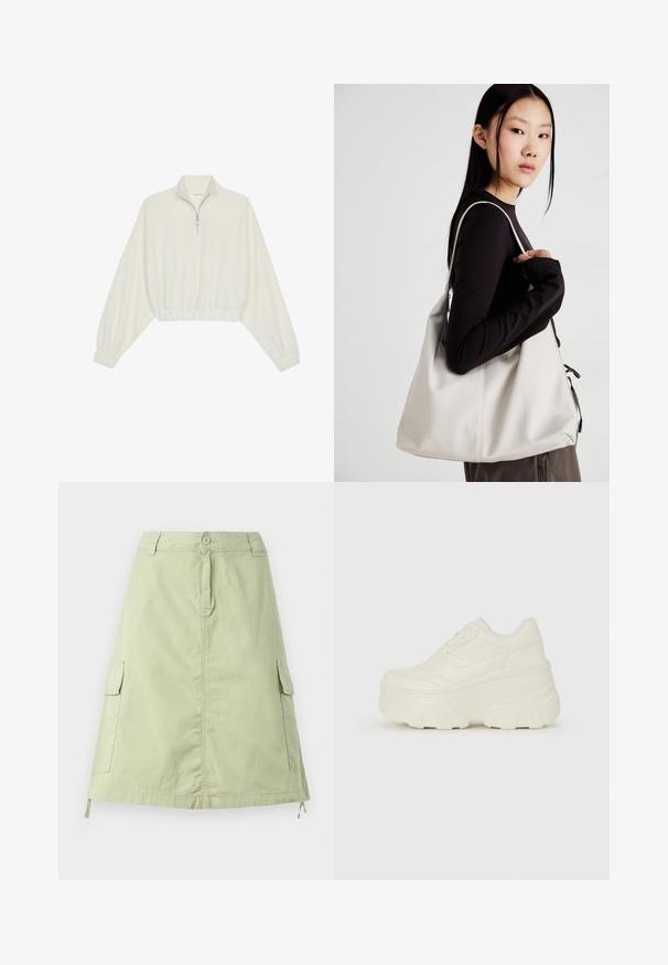 Krém színű, rövidített pulóver, magas gallérral, félig cipzáros záródással, elasztikus derék- és ujjakrésszel, sima textúrával és minimalista dizájnnal.; Világoszöld pamut, térdig érő szoknya, két oldalsó cargo zsebbel, gombos záródással és laza, egyenes szabással. Egyszerű textúra.; Fehér platform sportcipők, sima bőrszerű felsőrésszel, kerek formával, párnázott bokával és texturált gumitalppal, jól definiált mintázattal.; Puha anyagból készült bézs kézitáska, laza dizájnnal, varrott részletekkel és két vállpánttal. Mindennapi használatra alkalmas.