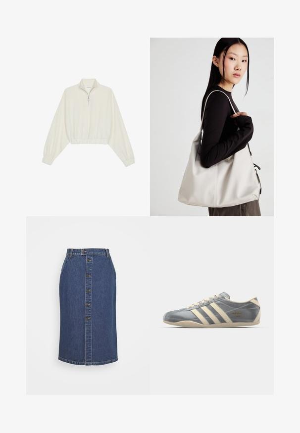 Kort genser i kremfarget stoff, med høy krage, halv glidelås, elastisk nederste kant og mansjetter, med en glatt tekstur og minimalistisk design.; Denim blyantskjørt i mørkeblå, med frontlukking med knapper, vertikale sømmer og en klassisk kutt.; Grå satinsportssko med beige skinnaksenter, tre striper og gull "adidas Tokyo"-logo. Lavprofilert design med teksturert gummisåle.; Beige håndveske laget av mykt materiale, med en slapp design, sydd detaljer og to skulderstropper. Passer for daglig bruk.