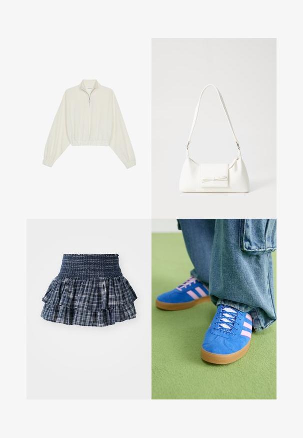 Kreptais pusītes džemperis krēmkrāsā, ar augstu apkakli, puszipa aizdari, elastīgu apakšmalu un aprocēm, ar gludu tekstūru un minimālistisku dizainu.; Tumši zila rūtainā svārku svārku ar krokojumu, ar elastīgu smoca. Iezīmēta ar slāņiem, kuru virsmā ir baltie tīkla raksti un teksturēta apdare.; Zilas zamšādas kurpes ar rozā svītrām un baltām šņorēm, aprīkotas ar gumijas zoli, kopā ar brīvām džinsu biksēm uz zaļas virsmas.; Balta sintētiska soma ar trīsstūrveida formu, plakanu priekšējo vāciņu un loku detaļu, regulējamu siksnu, gludu tekstūru un minimālistisku dizainu.