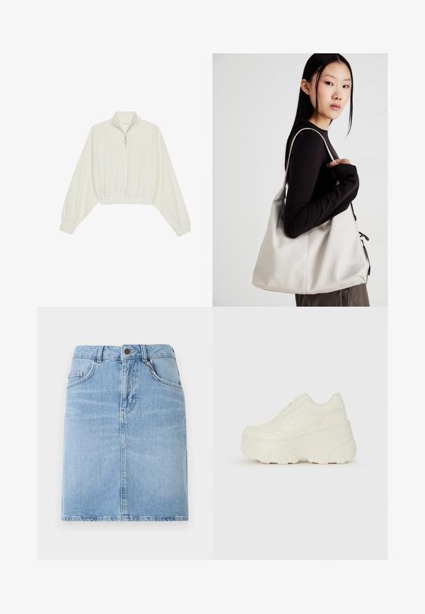 Zkrátený pulover z krémového materiálu, s vysokým golierom, polovičným zipsom, elastickým lemom a manžetami, s hladkou textúrou a minimalistickým dizajnom.; Svetlomodrá denim sukňa so slušným strihom, má predné vrecká a zapínanie na gombík. Textúrovaný povrch s minimálnym vybielením.; Biele platformové tenisky s hladkým koženkovým svrchným materiálom, zaobleným tvarom, polstrovaným golierom a textúrovanou gumovou podrážkou s výrazným vzorom.; Béžová kabelka vyrobená z mäkkého materiálu, s uvoľneným dizajnom, prišitými detailmi a dvoma popruhmi na nosenie na pleciach. Vhodná na každodenné nosenie.
