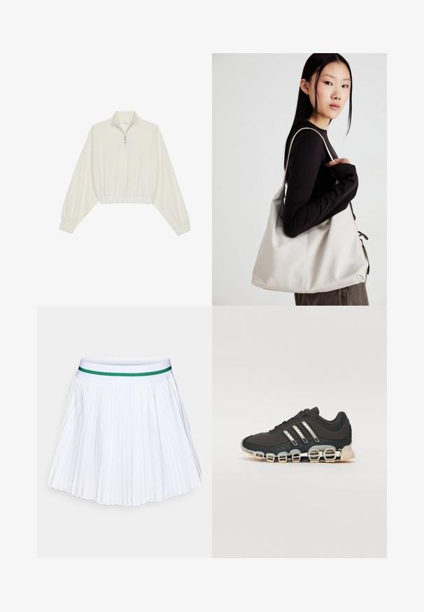 Krém színű, rövidített pulóver, magas gallérral, félig cipzáros záródással, elasztikus derék- és ujjakrésszel, sima textúrával és minimalista dizájnnal.; Fehér, redőzött szoknya egyszínű zöld gumis derékkal. Éles, egyenletes távolságra elhelyezett redőkkel rendelkezik, ami könnyed, légies textúrát kölcsönöz.; Fekete sportcipő texturált felsőrésszel, három ezüst csíkkal, és egy jellegzetes párnázott talppal, amely több integrált szakaszból áll.; Puha anyagból készült bézs kézitáska, laza dizájnnal, varrott részletekkel és két vállpánttal. Mindennapi használatra alkalmas.