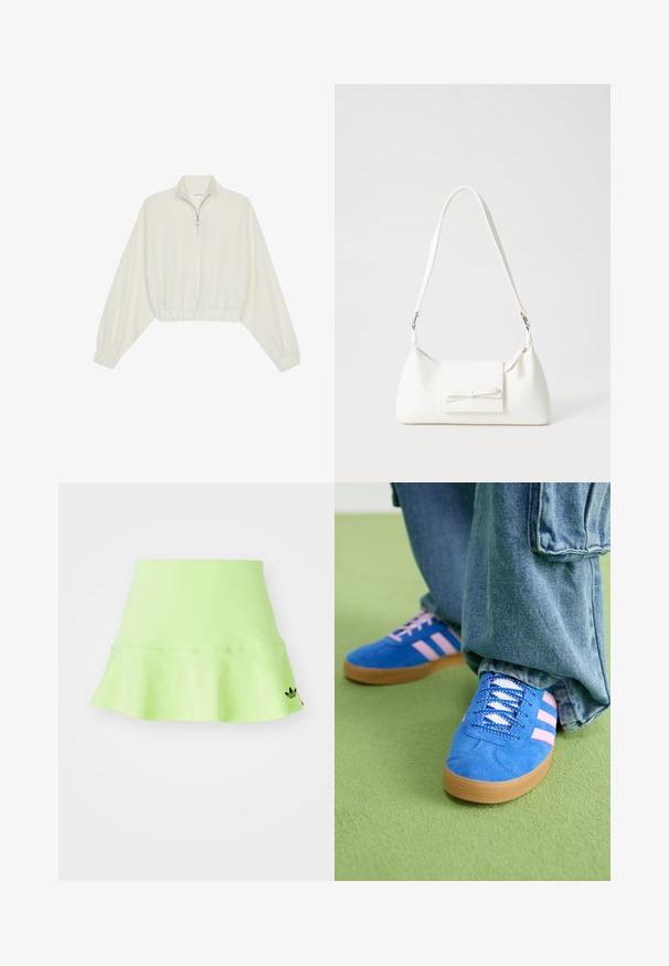Pulover scurt din stofă crem, cu guler înalt, închidere cu fermoar pe jumătate, elastic la margini și la manșete, cu o textură netedă și un design minimalist.; adidas Originals SKIRT - Fustă mini - signal green; Pantofi din piele întoarsă albaștri cu dungi roz și șireturi albe, având o talpă din cauciuc gumat, asortați cu pantaloni din denim largi pe o suprafață verde.; Geantă sintetică albă, cu formă triangulară, capac frontal plat și detaliu cu fundă, curea ajustabilă, textură netedă și design minimalist.
