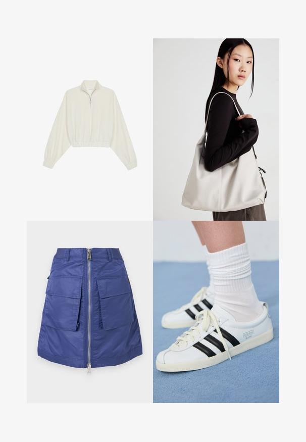 Kreminės spalvos trumpas megztinis, turintis aukštą apykaklę, pusiau užtrauktuką, elastinį apačią irRankovių kraštus, su lygiu paviršiumi ir minimalizuotu dizainu.; Tamsiai mėlynas nėriniuotas sijonas, pagamintas iš nailono, su priekiniais užtrauktukais. Yra dvi didelės kišenės su pūku ir struktūriška siluetas. Patenkinama tekstūra.; Baltos odinės sportbačiai su juodomis juostelėmis, kreminiu padu ir šviesiomis raištelėmis. Dėvimi su baltais raukšlėtais kojinėmis, pastatyti ant mėlyno fono.; Bežinė rankinė, pagaminta iš minkštos medžiagos, turinti laisvą dizainą, siuvinėtas detalės ir dvi petnešos. Tinkama kasdieniam naudojimui.