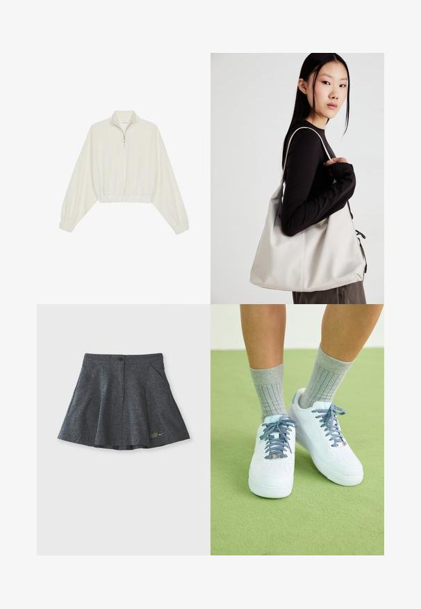 Pullover curto em tecido creme, apresentando um colarinho alto, fecho de meio zíper, bainha e punhos elásticos, com uma textura suave e design minimalista.; Saia cinza feita de tecido texturizado com fecho de botão na cintura, apresentando dois bolsos laterais e um discreto logotipo bordado na barra.; Sapatilhas de couro brancas com detalhes azuis, design de biqueira perfurada e atacadores texturizados azul e branco, usadas com meias cinzas caneladas.; Uma bolsa bege feita de material macio, com um design descontraído, detalhes de costura e duas alças para o ombro. Adequada para uso diário.