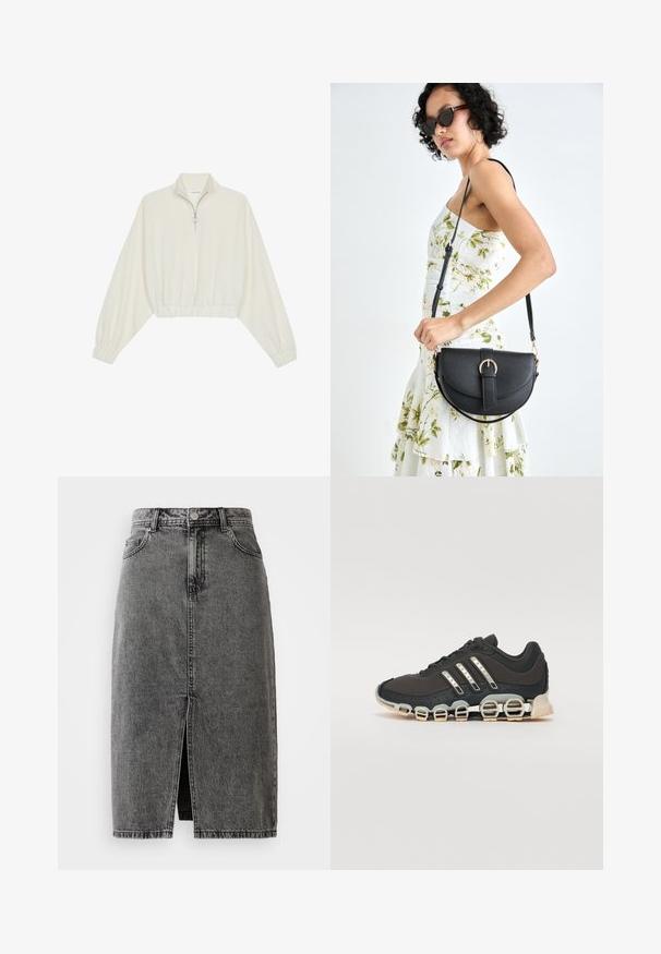 Kort genser i kremfarget stoff, med høy krage, halv glidelås, elastisk nederste kant og mansjetter, med en glatt tekstur og minimalistisk design.; Høy midje, falmet svart denim midi-skjørt med frontslitt, beltehull og klassisk fem-lomme-design.; Svarte sportsko med en strukturert overflate, tre sølvstriper, og en distinkt støtdempende såle med flere integrerte seksjoner.; Svart lærveske med en buet form, avtagbar stropp og gullbeslag. Vesken har et klaff med spenne-detall.