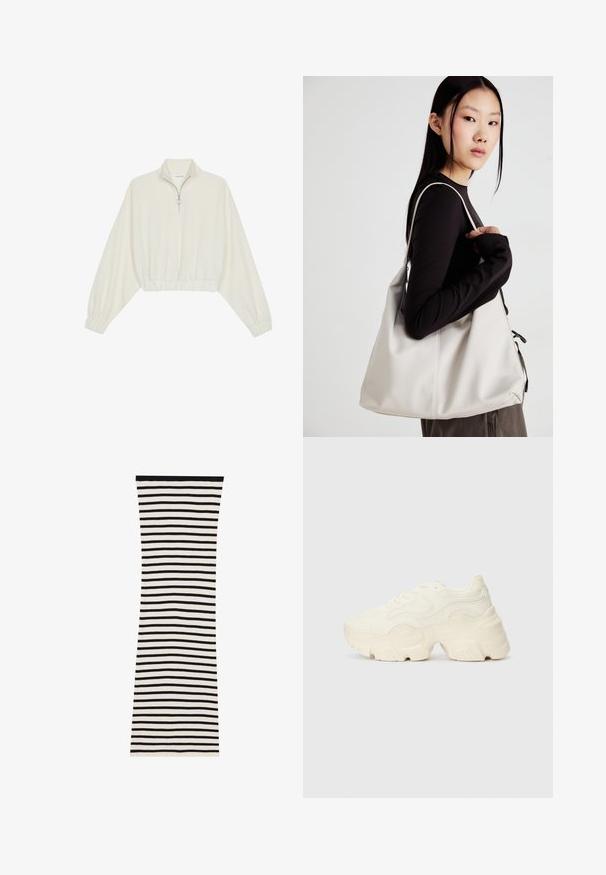 Cropped pullover in cream fabric, featuring a high collar, half-zip closure, elasticated hem and cuffs, with a smooth texture and minimal design.; Black and white striped ribbed dress with a fitted shape, featuring horizontal stripes and a solid black neckline.; Chunky white sneakers made of textured mesh and synthetic materials, featuring a thick sole and intricate pattern details along the sides.; Beige handbag made of soft material, featuring a slouchy design, stitched detailing, and two shoulder straps. Suitable for everyday use.