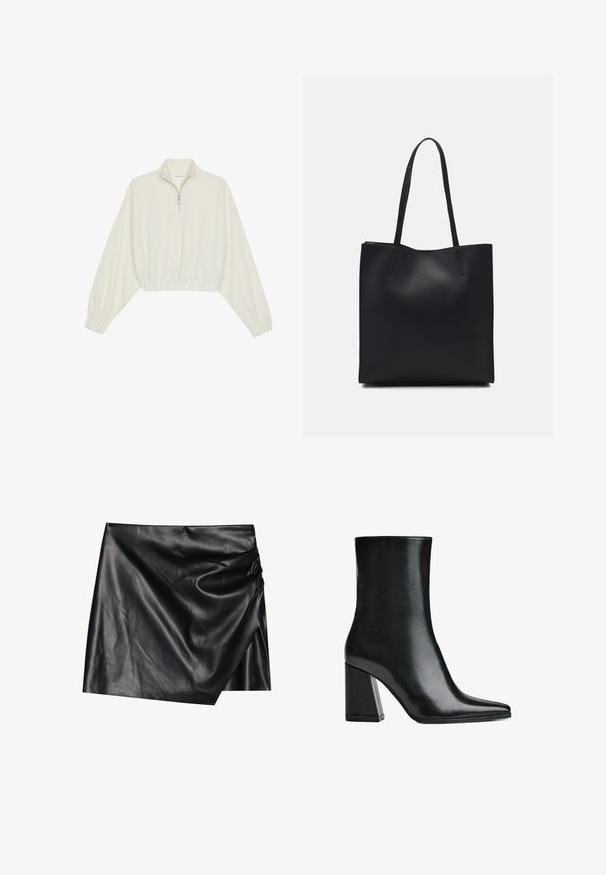 Geknipt pullover in crèmekleurige stof, met een hoge kraag, halve rits, elastische zoom en manchetten, met een soepele textuur en minimalistisch ontwerp.; Zwarte leren minirok met een wikkelontwerp, met een zachte, gladde textuur en subtiele draperingdetails aan één kant.; Zwarte leren enkelboot met een puntige neus en hoge blokhak. Glad oppervlak met een slanke silhouette en een solide basisontwerp.; Zwarte leren handtas met een gladde textuur, rechthoekige vorm en twee lange handvaten. Geen zichtbare hardware of versieringen.