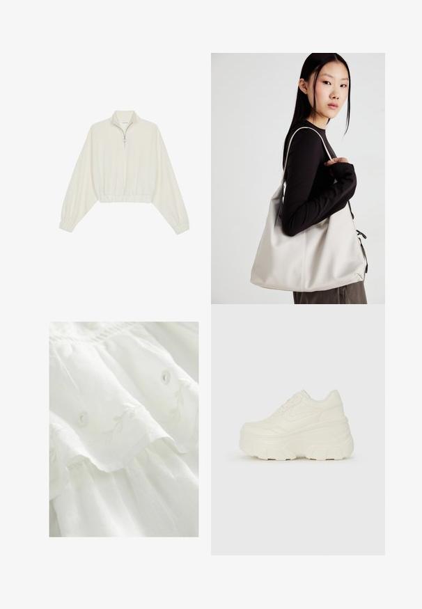 Pullover court en tissu crème, avec un col haut, fermeture éclair à mi-hauteur, ourlet et poignets élastiqués, offrant une texture lisse et un design minimaliste.; Robe en tissu blanc avec broderies florales, ourlet à volants et détails de boutons. Texture douce avec un design léger et fluide.; Baskets plateformes blanches avec une tige en simili cuir lisse, une forme arrondie, un col rembourré et une semelle en caoutchouc texturé avec des crampons définis.; Sac à main beige en matériau souple, avec un design décontracté, des détails cousus et deux poignées. Idéal pour un usage quotidien.