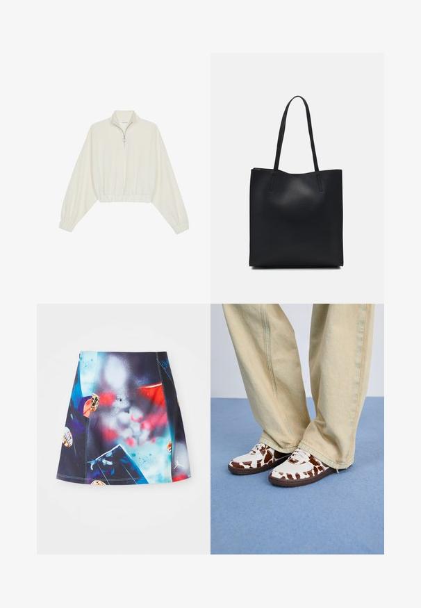 Skraćeni pulover od kremastog materijala, s visokim ovratnikom, zatvaranjem na polovicu munje, elastičnim rubom i manžetama, s glatkom teksturom i minimalnim dizajnom.; Kratka, višebojna sportska suknja s živopisnim dizajnom prskanja i dodatnim detaljima i logotipima. Izrađena od lagane, prozračne tkanine.; Bijele i smeđe patike s uzorkom, izrađene od mreže i kože, s smešnim gumenim đonovima. Uparene s lakim bež širokim hlačama.; Crna kožna torba za nošenje s glatkom teksturom, pravokutnim oblikom i dvije duge ručke. Nema vidljivih metalnih dijelova ili ukrasa.