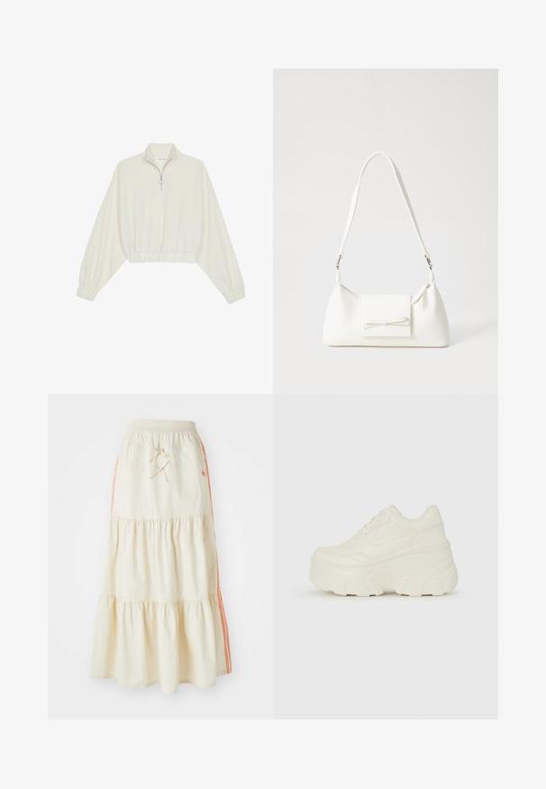 Zkrácený svetr z krémové látky, který má vysoký límec, poloviční zip, elastický spodní lem a manžety, hladkou texturu a minimalistický design.; Krémová midi sukně s volány, elastickým pasem a stahovací šňůrkou. Obsahuje oranžové boční pruhy a jemnou, hladkou bavlněnou texturu.; Bílé platformové tenisky s hladkým svrškem podobným kůži, zaobleným tvarem, polstrovaným límcem a texturovanou gumovou podrážkou s vyznačenými vzory.; Bílá syntetická kabelka v trojúhelníkovém tvaru, s plochým předním klopným víkem a detailem mašle, nastavitelným popruhem, hladkým povrchem a minimalistickým designem.