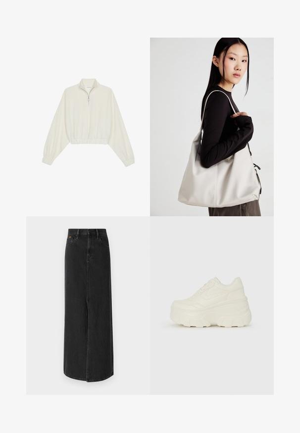 Kratka pulover v kremnem blagu, z visokim ovratnikom, pol-zadrgo, elastičnim robom in manšetami, z gladko teksturo in minimalističnim oblikovanjem.; Črna denim maksi krila z ravnim krojem, zasnovo s petimi žepi in sprednjim razporka. Ima gumbasto zapiranje in subtilne šivane detajle.; Bele platformske tene z belim zgornjim delom, ki spominja na usnje, okroglo obliko, oblazinjen ovratnik ter gumo z teksturo na podplatu z izrazitimi profili.; Bežna torbica iz mehkega materiala, z ohlapno zasnovo, šivi in dvema naramnicama. Primerna za vsakodnevno uporabo.