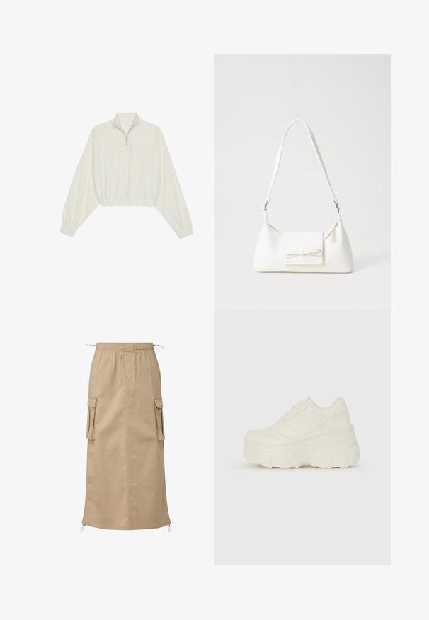 Gerippter Pullover aus cremefarbener Baumwolle mit hohem Kragen, halbem Reißverschluss, elastischen Säumen und Bündchen, glatter Textur und minimalistischem Design.; Beige-Cargo-Rock aus leichtem Material, mit einem elastischen Bund, zwei seitlichen Taschen und Zugbanddetails am Saum.; Weiße Platform Sneakers mit einem glatten, lederähnlichen Obermaterial, abgerundeter Form, gepolstertem Kragen und strukturierten Gummisohlen mit ausgeprägten Stollen.; Weiße synthetische Handtasche in dreieckiger Form, flache Vorderklappe und Schleifendetail, verstellbarer Trageriemen, glatte Textur und minimalistisches Design.