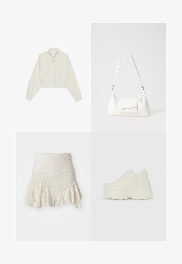 Kreminės spalvos trumpas megztinis, turintis aukštą apykaklę, pusiau užtrauktuką, elastinį apačią irRankovių kraštus, su lygiu paviršiumi ir minimalizuotu dizainu.; Kreminės spalvos nėrinių sijonas, turintis prigludusią juosmenį ir išplatėjusią apatinę dalį. Visame sijone yra tekstūruotas gėlių raštas, o apačioje – sluoksniuota struktūra.; Baltos platformos sportbačiai su lygiu odos primenančiu paviršiumi, apvalia forma, paminkštintu apykakle ir tekstūruotu guminiu padu su ryškiais protektoriais.; Balta sintetinė rankinė trikampio formos, plokščiu priekiu su užsegimu, kaspino detale, reguliuojama dirželiu, lygia tekstūra ir minimalistišku dizainu.