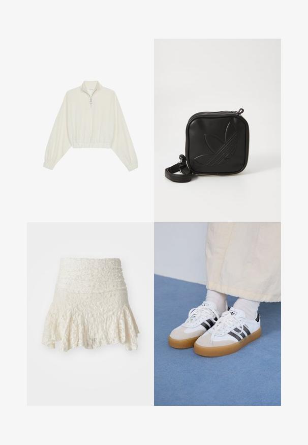 Pullover accorciato in tessuto crema, con colletto alto, chiusura a zip parziale, orlo e polsini elasticizzati, dalla texture liscia e design minimal.; Gonna in pizzo di colore crema, con vita aderente e orlo svasato. Motivo floreale testurizzato su tutta la superficie, con un design a strati nella parte inferiore.; Sneakers bianche con strisce nere e accenti in suede beige. Presentano una suola in gomma texturizzata e lacci bianchi piatti, indossate con calzini di colore chiaro.; Borsa a tracolla nera realizzata in materiale sintetico testurizzato. Presenta un design con logo inciso e una tracolla regolabile. Chiusura con zip.