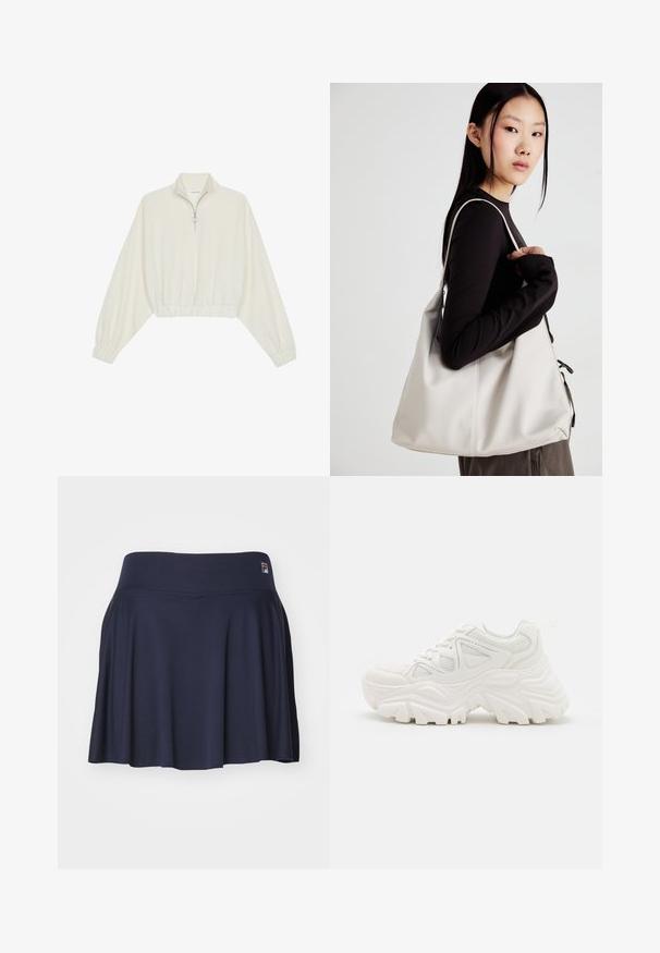 Krém színű, rövidített pulóver, magas gallérral, félig cipzáros záródással, elasztikus derék- és ujjakrésszel, sima textúrával és minimalista dizájnnal.; Fila SKORT NICCI - Sportszoknya - navy; Fehér, vastag talpú sportcipők, textúrált felsőrésszel, hálós panelek árnyékolásával és vastag, kiemelkedő mintázatú gumitalppal. Zsinórok és húzófül tartozik hozzá.; Puha anyagból készült bézs kézitáska, laza dizájnnal, varrott részletekkel és két vállpánttal. Mindennapi használatra alkalmas.