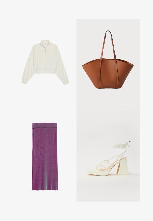 Pullover accorciato in tessuto crema, con colletto alto, chiusura a zip parziale, orlo e polsini elasticizzati, dalla texture liscia e design minimal.; Gonna plissettata fino al ginocchio in diverse tonalità di viola e blu. Presenta una vita solida e un motivo a righe verticali su tutta la superficie.; Sandalo bianco con tacco alto, caratterizzato da un design a cinturini e un legaccio alla caviglia. Texture liscia con una piattaforma frontale per un'altezza aggiuntiva.; Borsa tote in pelle marrone con una forma ampia e strutturata, manici sottili e una finitura testurizzata. Presenta un design minimalista senza hardware visibile.