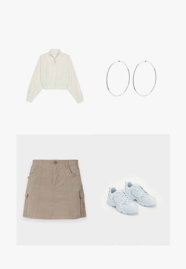 Kreemfarbenest lühikese varrukaga kudum, millel on kõrge kaelus, pool tõmblukk, elastne allosa ja varrukad, sile tekstuur ja minimaalne disain.; Khaki värvi cargo seelik, millel on vöökoht, eespool taskud ja küljetaskud. Valmistatud kergest kangast, mille pind on sile.; Heledad sinised spordijalatsid, mille ülemine osa on valmistatud võrgust ja sünteetilisest materjalist, millel on valged täpid ja peegeldavad detailid, nööridega disain ja pehmendatud tallad.; Hõbedased rõngaskõrvarõngad, millel on sujuv, ümmargune disain ja poleeritud viimistlus. Need on õhukesed ja kerged, omades lihtsat klambrit.