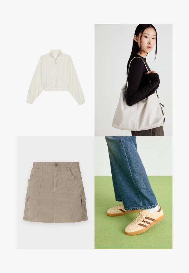 Cropped pullover in cream fabric, featuring a high collar, half-zip closure, elasticated hem and cuffs, with a smooth texture and minimal design.; Khaki cargo skirt with a waistband, front pockets, and side cargo pockets. Made from a lightweight fabric with a smooth texture.; Beige sneakers with textured cream panels and brown stripes, paired with blue denim jeans. The jeans have a wide leg and frayed hem.; Beige handbag made of soft material, featuring a slouchy design, stitched detailing, and two shoulder straps. Suitable for everyday use.