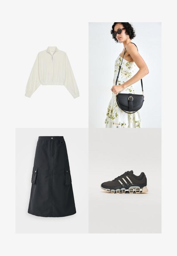 Pullover curto em tecido creme, apresentando um colarinho alto, fecho de meio zíper, bainha e punhos elásticos, com uma textura suave e design minimalista.; Saia preta até meio da panturrilha, feita de tecido leve, com um cós elástico, dois bolsos cargo e um brilho subtil.; Shoe desportivo preto com um upper texturizado, três riscas prateadas e uma sola de amortecimento distinta, apresentando múltiplas secções integradas.; Bolsa de couro preta com forma curva, alça destacável e detalhes em dourado. A bolsa possui uma aba com detalhe de fivela.