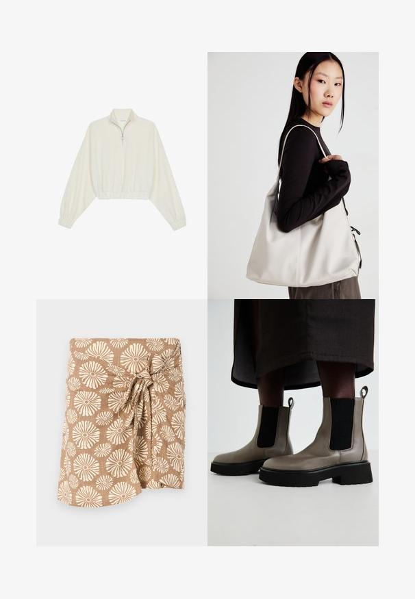 Pulover scurt din stofă crem, cu guler înalt, închidere cu fermoar pe jumătate, elastic la margini și la manșete, cu o textură netedă și un design minimalist.; Fustă înfășurată cu model maro, având mari flori crem, legată la talie cu un nod, confecționată dintr-un material ușor.; Boots gri din piele texturată, la nivelul gleznei, cu panouri elastice pe laterale și o talpă groasă neagră. Au accesorii pentru a fi purtate cu ușurință.; Geantă bej din material moale, cu un design lejer, detalii cusute și două bretele pentru umăr. Potrivită pentru utilizarea zilnică.