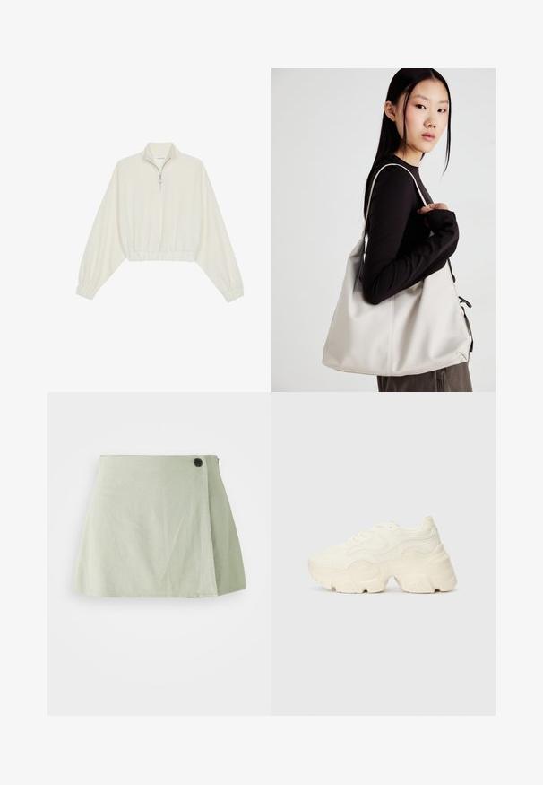 Kreminės spalvos trumpas megztinis, turintis aukštą apykaklę, pusiau užtrauktuką, elastinį apačią irRankovių kraštus, su lygiu paviršiumi ir minimalizuotu dizainu.; Šviesiai žalia sijonas su laisvu siluetu, turintis šoninio mygtuko užsegimą ir glotnią tekstūrą. Apvadas šiek tiek išlenktas, pabrėžiantis siluetą.; Masyvios baltos sportbačiai, pagaminti iš tekstūruoto tinklelio ir sintetinių medžiagų, pasižymintys storu padu ir išsamiu raštų detalizavimu šonuose.; Bežinė rankinė, pagaminta iš minkštos medžiagos, turinti laisvą dizainą, siuvinėtas detalės ir dvi petnešos. Tinkama kasdieniam naudojimui.