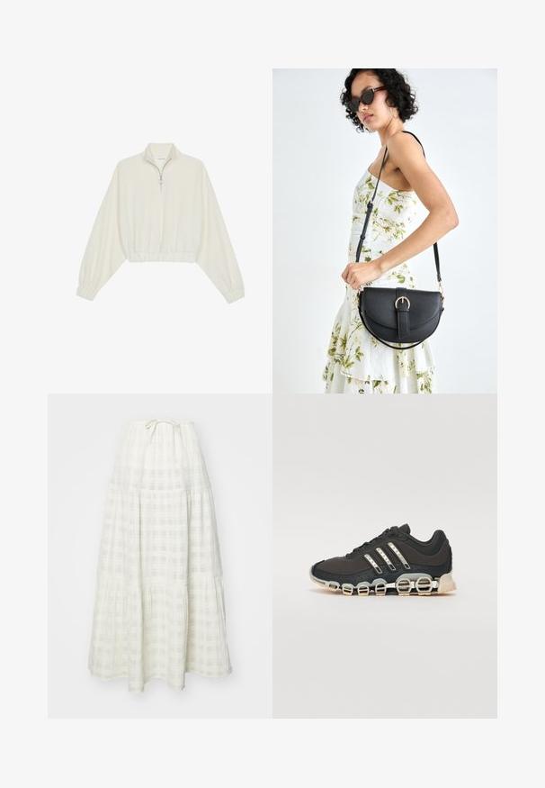 Cropped pullover in cream fabric, featuring a high collar, half-zip closure, elasticated hem and cuffs, with a smooth texture and minimal design.; Long white skirt made of textured fabric, featuring a checkered pattern, tiered design, and a tapered tie at the waist.; Black athletic shoe with a textured upper, three silver stripes, and a distinctive cushioning sole featuring multiple integrated sections.; Black leather handbag with a curved shape, detachable strap, and gold hardware. The bag features a flap with a buckle detail.