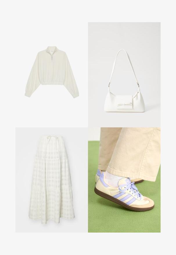 Skórzany pulower w kolorze kremowym, z wysokim kołnierzem, półzamkiem, elastycznym wykończeniem u dołu i mankietami, o gładkiej teksturze i minimalistycznym designie.; Długa biała spódnica wykonana z teksturowanej tkaniny, z wzorem w kratę, warstwowym krojem oraz zwężającym się wiązaniem w pasie.; Kremowe i lawendowe trampki z trzema paskami oraz teksturowaną brązową podeszwą, wyposażone w sznurówki i wyścieloną piętę. Górna część z miękkiego materiału.; Biała syntetyczna torba o trójkątnym kształcie, płaskim przednim klapce i detalach w postaci kokardy, regulowanym pasku, gładkiej fakturze oraz minimalistycznym designie.