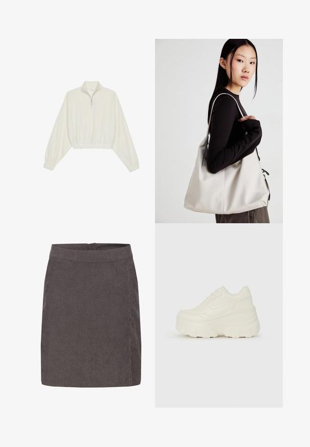 Pullover court en tissu crème, avec un col haut, fermeture éclair à mi-hauteur, ourlet et poignets élastiqués, offrant une texture lisse et un design minimaliste.; Kaffe VERA - Jupe trapèze - major brown c; Baskets plateformes blanches avec une tige en simili cuir lisse, une forme arrondie, un col rembourré et une semelle en caoutchouc texturé avec des crampons définis.; Sac à main beige en matériau souple, avec un design décontracté, des détails cousus et deux poignées. Idéal pour un usage quotidien.