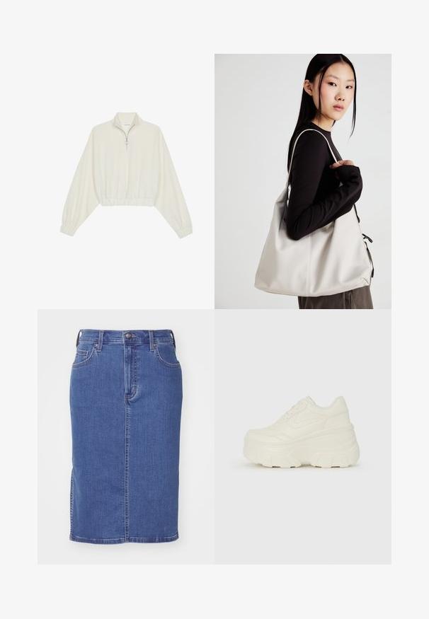 Pullover curto em tecido creme, apresentando um colarinho alto, fecho de meio zíper, bainha e punhos elásticos, com uma textura suave e design minimalista.; Saia de ganga em azul médio, até ao joelho, com um design reto. Apresenta um fecho frontal com botões, passantes para cinto e fendas laterais na barra.; Tênis brancos de plataforma com um cabedal suave semelhante a couro, formato arredondado, colarinho acolchoado e sola de borracha texturizada com ranhuras bem definidas.; Uma bolsa bege feita de material macio, com um design descontraído, detalhes de costura e duas alças para o ombro. Adequada para uso diário.