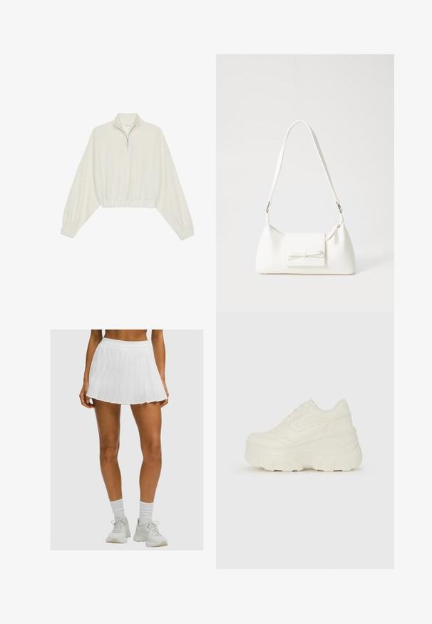 Skraćeni pulover od kremastog materijala, s visokim ovratnikom, zatvaranjem na polovicu munje, elastičnim rubom i manžetama, s glatkom teksturom i minimalnim dizajnom.; Smešane noge u bijelom plisiranom teniskom suknji, bijelim čarapama do gležnja i bijelim sportskim tenisicama na jednobojnoj pozadini.; Bijele platformske tenisice s glatkim gornjim dijelom koji nalikuje koži, zaobljenim oblikom, podstavljenim okvirom i teksturiranim gumeni potplat s definiranom profilacijom.; Bijela sintetička torbica s trokutastim oblikom, ravnim prednjim poklopcem i detaljem u obliku mašne, podesivom remenom, glatkom teksturom i minimalističkim dizajnom.