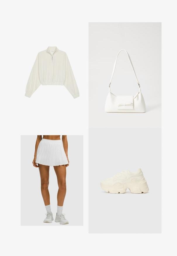 Sudadera cropped en tejido crema, con cuello alto, cierre de media cremallera, dobladillo y puños elásticos, con una textura suave y un diseño minimalista.; Piernas bronceadas que llevan una falda de tenis blanca con pliegues, calcetas blancas y zapatillas deportivas blancas, contra un fondo simple.; Zapatillas blancas gruesas hechas de malla texturizada y materiales sintéticos, con una suela gruesa y detalles de patrones intrincados a lo largo de los lados.; Bolso sintético blanco con forma triangular, tapa frontal plana y detalle de lazo, correa ajustable, textura suave y diseño minimalista.