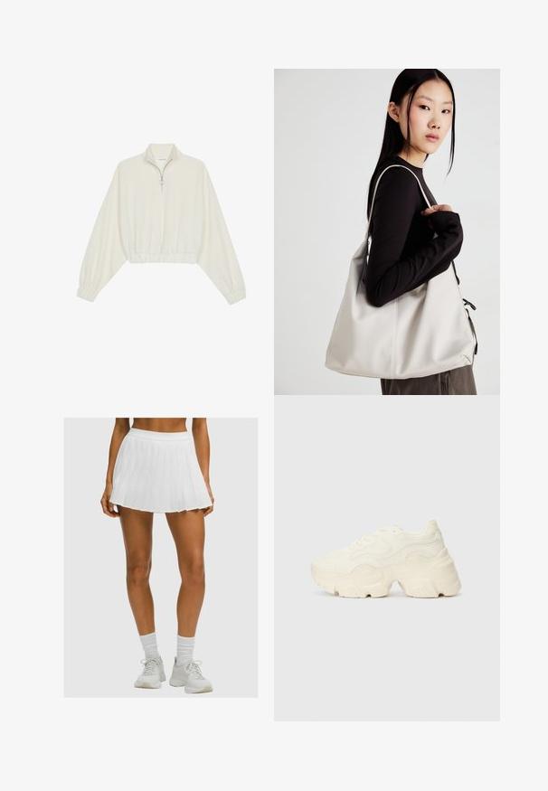 Kratka pulover v kremnem blagu, z visokim ovratnikom, pol-zadrgo, elastičnim robom in manšetami, z gladko teksturo in minimalističnim oblikovanjem.; Opečene noge v beli plisirani teniški krilu, belih crew nogavicah in belih športnih copatih na enotnem ozadju.; Debele bele športne copate, izdelane iz teksturirane mrežaste in sintetične materialov, z debelim podplatom in zapletenimi vzorčičnimi detajli ob straneh.; Bežna torbica iz mehkega materiala, z ohlapno zasnovo, šivi in dvema naramnicama. Primerna za vsakodnevno uporabo.