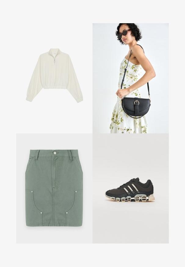 Lyhyt kerrosvaate vaaleasta kankaasta, jossa on korkea kaulus, puolivetoketjukiinnitys, joustavat helma ja hihansuut, tasainen pinta ja minimalistinen muotoilu.; Vihreä puuvillahame, jossa on tiukka malli, etutaskut, sileä pinta ja metalliset yksityiskohdat taskuissa.; Musta urheilujalkine, jossa on teksturoitu päällinen, kolme hopeista raitaa ja erottuva vaimennustuli, jonka rakenne koostuu useista integroituista osista.; Musta nahkainen käsilaukku, joka on kaareva muotoilultaan, irrotettavalla hihnalla ja kultaisilla yksityiskohdilla. Laukussa on läppä, jossa on solk yksityiskohta.