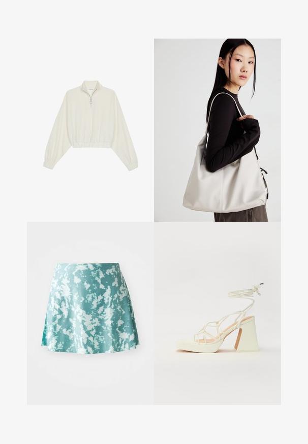 Skraćeni pulover od kremastog materijala, s visokim ovratnikom, zatvaranjem na polovicu munje, elastičnim rubom i manžetama, s glatkom teksturom i minimalnim dizajnom.; Suknja u stilu skater u mint zelenoj boji s uzorkom prskanja u bijeloj boji, napravljenja od laganog materijala. Ima blago prošireni oblik i bočni prorez.; Bijela sandala na visokoj potpetici s debelim petom, s remenom i vezanjem oko gležnja. Glatka tekstura s platformom sprijeda za dodatnu visinu.; Bežna torba od mekog materijala s opuštenim dizajnom, šivanim detaljima i dva remena za rame. Pogodna za svakodnevnu upotrebu.