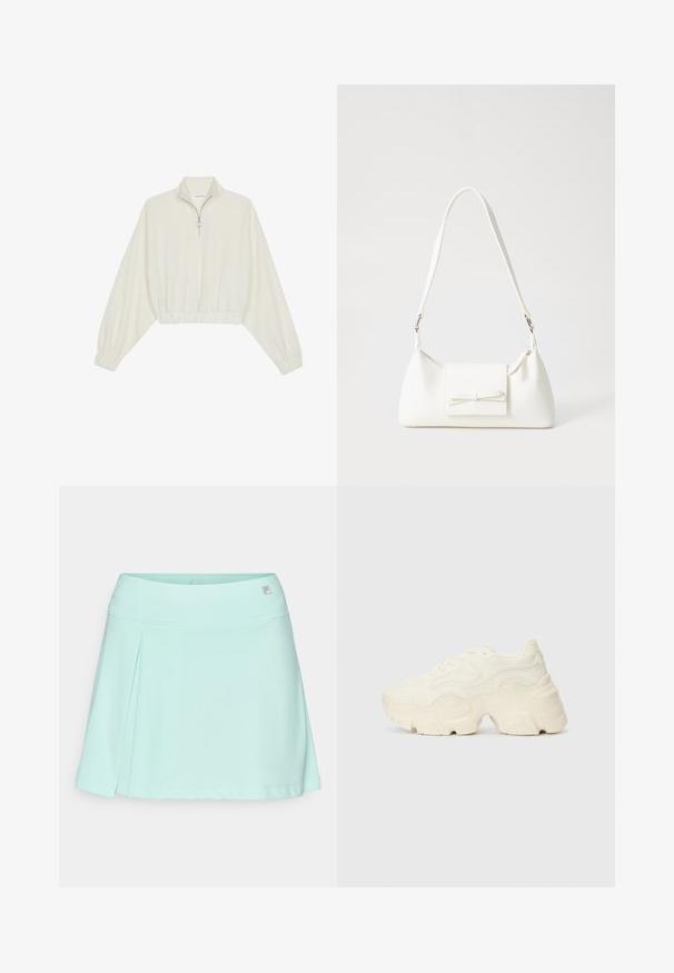 Krém színű, rövidített pulóver, magas gallérral, félig cipzáros záródással, elasztikus derék- és ujjakrésszel, sima textúrával és minimalista dizájnnal.; Menta zöld szoknya-nadrág, puha anyagból, formázott derékpánttal és pliszézett dizájnnal. Diszkrét logó részlet található a derékon.; Tömbös fehér sneakers, amely texturált hálóból és szintetikus anyagokból készült, vastag talppal és bonyolult mintázattal az oldalakon.; Fehér szintetikus kézitáska, háromszög alakú, lapos előlap, masni részlettel, állítható pánttal, sima textúrával és minimalista dizájnnal.
