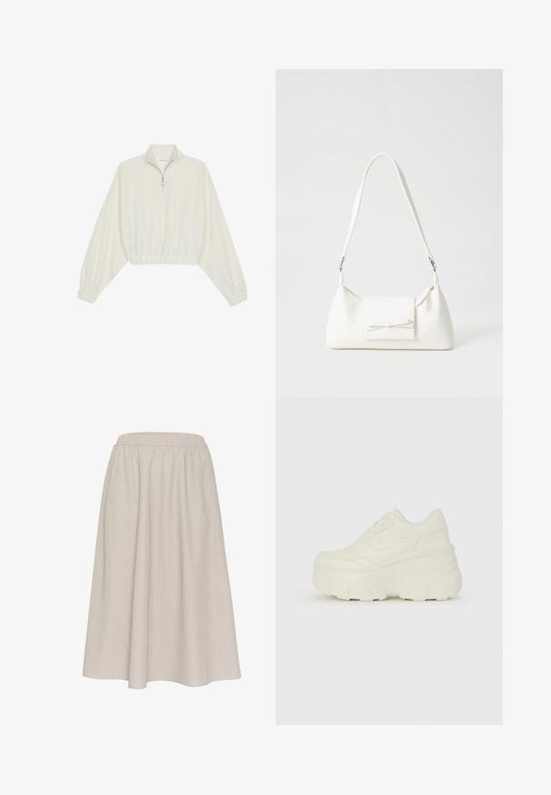 Krém színű, rövidített pulóver, magas gallérral, félig cipzáros záródással, elasztikus derék- és ujjakrésszel, sima textúrával és minimalista dizájnnal.; Világos bézs, bokáig érő szoknya, amely rugalmas derékrésszel rendelkezik. Függőleges csíkos mintázatú, és légies, texturált anyagból készült.; Fehér platform sportcipők, sima bőrszerű felsőrésszel, kerek formával, párnázott bokával és texturált gumitalppal, jól definiált mintázattal.; Fehér szintetikus kézitáska, háromszög alakú, lapos előlap, masni részlettel, állítható pánttal, sima textúrával és minimalista dizájnnal.