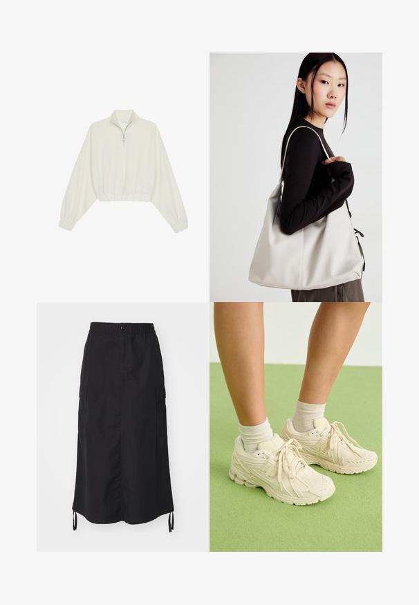 Pullover curto em tecido creme, apresentando um colarinho alto, fecho de meio zíper, bainha e punhos elásticos, com uma textura suave e design minimalista.; Saia preta de comprimento médio feita de tecido leve. Apresenta uma cintura elástica, fecho de botão e bolsos laterais com detalhes de cordão.; Ténis de cor beje claro apresentam um tecido texturizado, bico arredondado e uma sola almofadada. Usados com meias de tornozelo bege sobre uma superfície verde.; Uma bolsa bege feita de material macio, com um design descontraído, detalhes de costura e duas alças para o ombro. Adequada para uso diário.