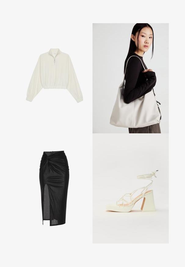 Kreminės spalvos trumpas megztinis, turintis aukštą apykaklę, pusiau užtrauktuką, elastinį apačią irRankovių kraštus, su lygiu paviršiumi ir minimalizuotu dizainu.; Juoda midi sijonas, pagamintas iš tamprios medžiagos, pasižymintis sukimo priekyje dizainu, šonine skyle ir užtrauktuku gale.; Balti aukštakulniai sandalai su masyviu kulnu, su dirželių dizainu ir kulkšnies raiščiu. Lygi tekstūra su platforma priekyje, suteikianti papildomą aukštį.; Bežinė rankinė, pagaminta iš minkštos medžiagos, turinti laisvą dizainą, siuvinėtas detalės ir dvi petnešos. Tinkama kasdieniam naudojimui.