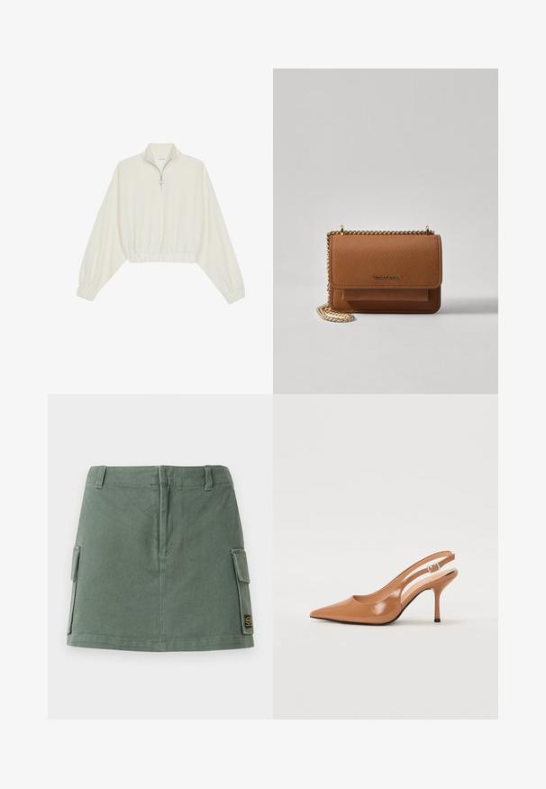 Kort genser i kremfarget stoff, med høy krage, halv glidelås, elastisk nederste kant og mansjetter, med en glatt tekstur og minimalistisk design.; Grønt denimskjørt med en tettsittende midje, to sidelommer og et lapp på nederste høyre. Glatt tekstur med en subtil glans.; Spiss tå slingback hæl i et glat, glinsende brunt materiale. Har et buet utskårent design og en slank stilett hæl. Sølvspenne detalj.; Brun teksturert lær crossover-veske med gullkjede-stropp og klaffelukking. Fronten har logo-detalj og en lomme under klaffen.