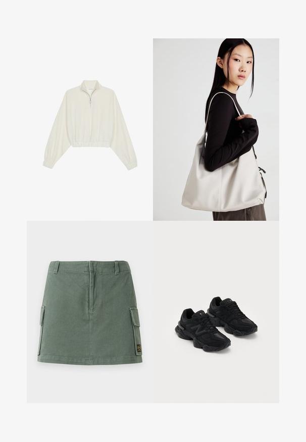 Pulover scurt din stofă crem, cu guler înalt, închidere cu fermoar pe jumătate, elastic la margini și la manșete, cu o textură netedă și un design minimalist.; Fustă din denim verde cu un talie ajustată, două buzunare laterale și o petică în partea dreaptă jos. Textură netedă cu un luciu subtil.; Pantofi sport negri cu un upper texturat, având un logo "N" proeminent, talpă cu amortizare și un siluetă modernă și elegantă.; Geantă bej din material moale, cu un design lejer, detalii cusute și două bretele pentru umăr. Potrivită pentru utilizarea zilnică.