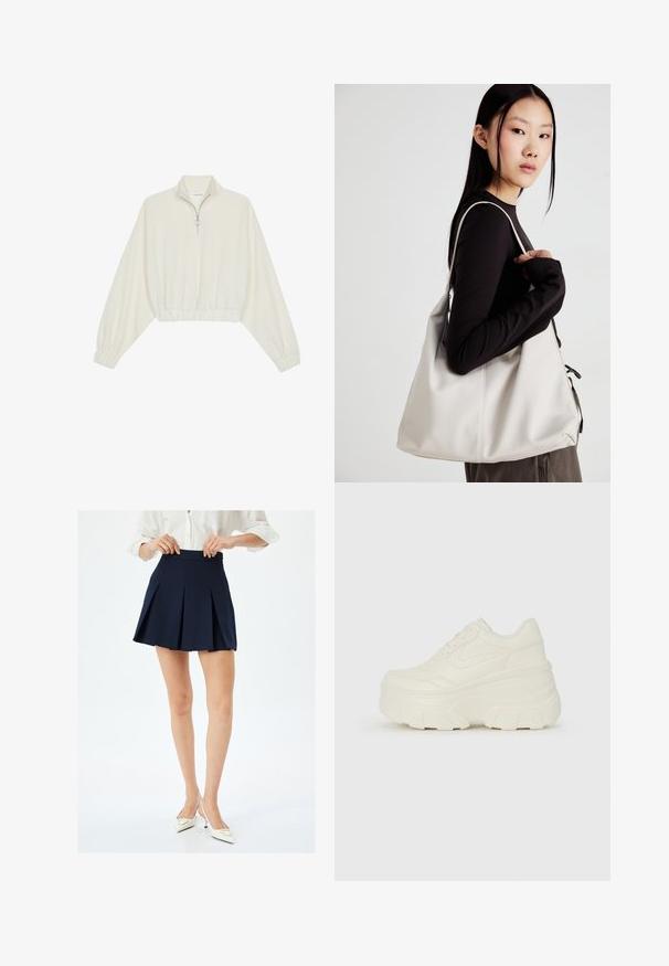 Lyhyt kerrosvaate vaaleasta kankaasta, jossa on korkea kaulus, puolivetoketjukiinnitys, joustavat helma ja hihansuut, tasainen pinta ja minimalistinen muotoilu.; Laivastonsininen laskostettu hame, jossa on korkea vyötärö ja sileä pinta, sisältää terävät veitsilaskokset ja minimalistisen muotoilun. Yhdistettynä valkoisiin korkokenkiin.; Valkoiset tasapohjakengät, joissa on sileä nahkamainen päällinen, pyöristetty muoto, pehmustettu nilkkaosa ja texturoitu kumipohja, jossa on hyvin määritellyt urat.; Beige laukku, joka on valmistettu pehmeästä materiaalista, ja siinä on rento muotoilu, ommeltu yksityiskohtia ja kaksi olkahihnaa. Sopii päivittäiseen käyttöön.