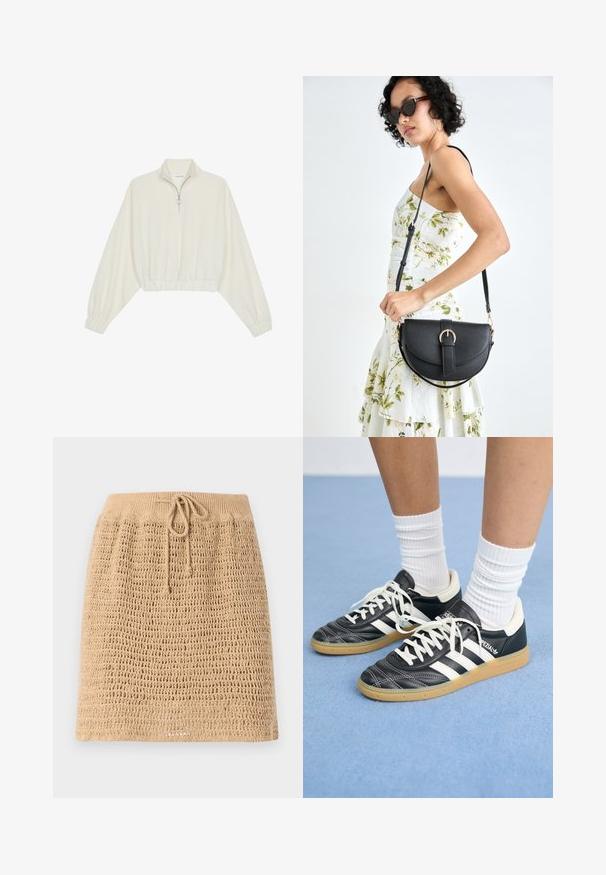 Cropped pullover in cream fabric, featuring a high collar, half-zip closure, elasticated hem and cuffs, with a smooth texture and minimal design.; Knit beige skirt with a textured, open weave design. Features a drawstring waist for adjustability. Hemline is straight.; Black leather sneakers with white stripes, round toe, white laces, and gum rubber sole. Accentuated by padded collar and branding details.; Black leather handbag with a curved shape, detachable strap, and gold hardware. The bag features a flap with a buckle detail.