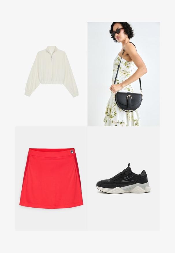 Avkortad tröja i krämfärgad tyg, med hög krage, halvdragkedja, elastisk nederkant och ärmar, med en slät yta och minimalistisk design.; Röd sportkjol gjord av mjukt, stretchigt tyg. Har en åtsittande midja och sömmar på sidorna, med en liten logotyp på midjan.; Svarta sneakers i mesh och mocka, med tjock sula, rund form, subtila grå accenter och varumärkeslogotyp på sidan.; Svart läderhandväska med en böjd form, avtagbar rem och guldiga detaljer. Väskan har ett lock med en spänndetalj.