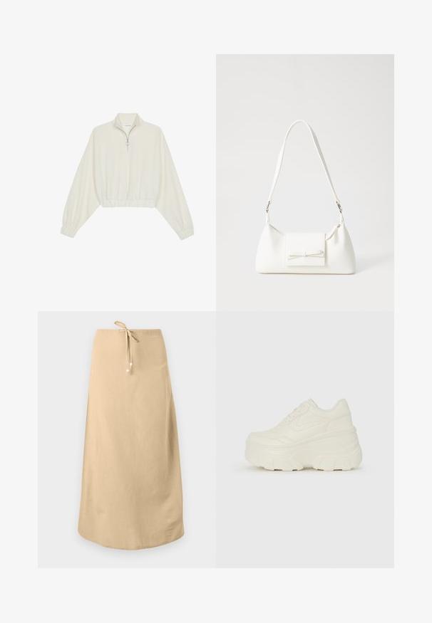 Geknipt pullover in crèmekleurige stof, met een hoge kraag, halve rits, elastische zoom en manchetten, met een soepele textuur en minimalistisch ontwerp.; Beige linnen rok met een trekkoord tailleband, met een zachte textuur en een afgeronde zoom. Versierd met kleine decoratieve kraaltjes aan de koorden.; Witte platform sneakers met een gladde leren bovenkant, afgeronde vorm, gewatteerde kraag en een gestructureerde rubberen zool met duidelijke profiel.; Witte synthetische handtas met een driehoekige vorm, platte voorklep en strikdetail, verstelbare schouderriem, gladde textuur en minimalistisch ontwerp.