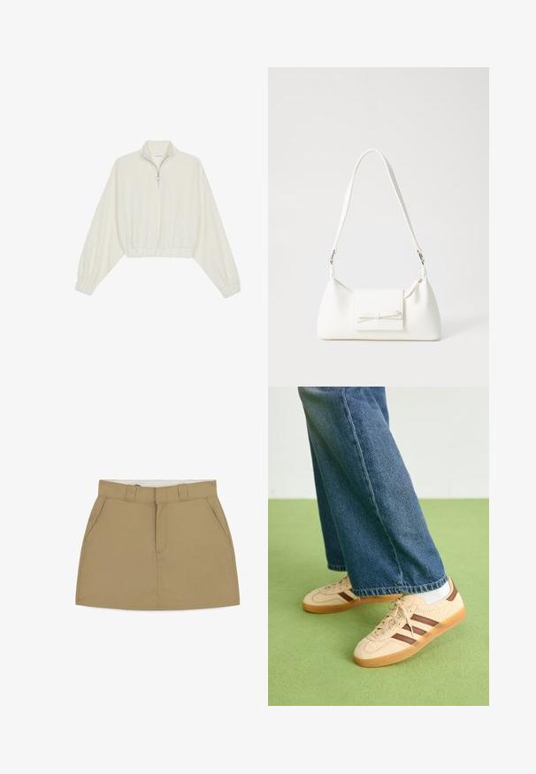 Pullover curto em tecido creme, apresentando um colarinho alto, fecho de meio zíper, bainha e punhos elásticos, com uma textura suave e design minimalista.; Saia caqui com uma cintura ajustada, passantes de cinto, dois bolsos laterais e fecho de correr na frente. Feita de um tecido liso e estruturado com um acabamento clean.; Tenis bege com painéis texturizados em creme e riscas castanhas, combinados com jeans de ganga azul. Os jeans têm um corte largo e uma bainha desfiada.; Mala sintética branca com formato triangular, aba frontal plana e detalhe de laço, alça ajustável, textura suave e design minimalista.