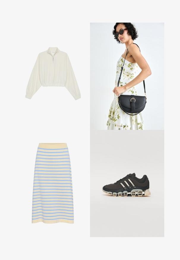 Kreptais pusītes džemperis krēmkrāsā, ar augstu apkakli, puszipa aizdari, elastīgu apakšmalu un aprocēm, ar gludu tekstūru un minimālistisku dizainu.; Rūtiņota midi svārku svārku no mīkstas kokvilnas ar gaiši dzeltenu pamatu un zilām horizontālām svītrām. Iespējams, ka tam ir ribota elastīga josta.; Melna sporta apavi ar teksturētu augšdaļu, trim sudraba svītrām un atšķirīgu amortizācijas zoli, kas sastāv no vairākiem integrētiem sekvencēm.; Melnas ādas rokassoma ar izliekta formu, noņemamu siksnu un zelta aksesuāriem. Somai ir vāciņš ar sprādzes detaļu.