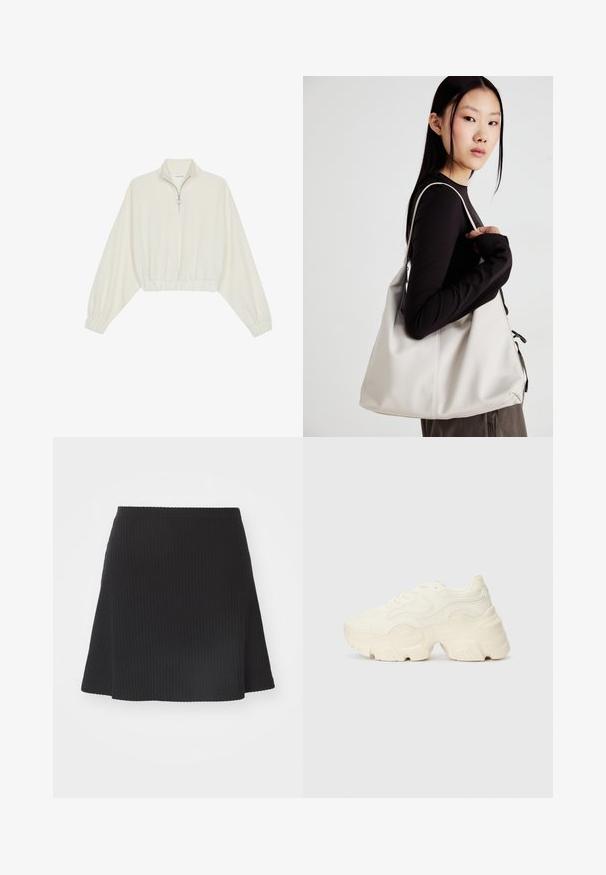 Krém színű, rövidített pulóver, magas gallérral, félig cipzáros záródással, elasztikus derék- és ujjakrésszel, sima textúrával és minimalista dizájnnal.; Fekete bordázott mini szoknya fodros szegéllyel, texturált felülettel és passzos derékkal, rugalmas anyagból készült.; Tömbös fehér sneakers, amely texturált hálóból és szintetikus anyagokból készült, vastag talppal és bonyolult mintázattal az oldalakon.; Puha anyagból készült bézs kézitáska, laza dizájnnal, varrott részletekkel és két vállpánttal. Mindennapi használatra alkalmas.